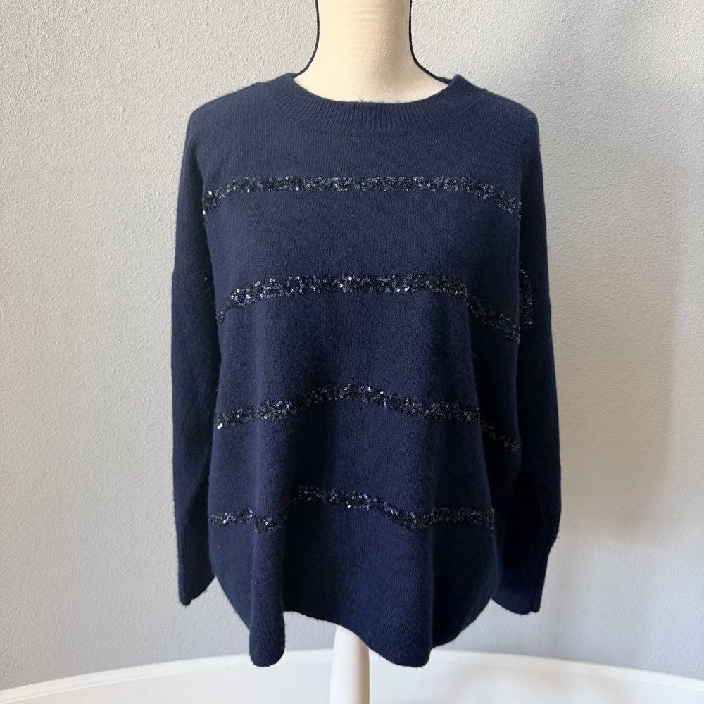 Vince Camuto Midnight Blue Sweater with Subtle Sequined Stripes - Picture 2 of 12